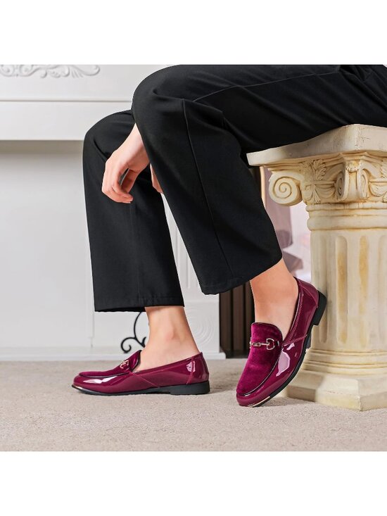 Men\'s Red Rubber Velvet Patent Leather Loafers Gold Buckle Slip On Luxury Shoes main image 6